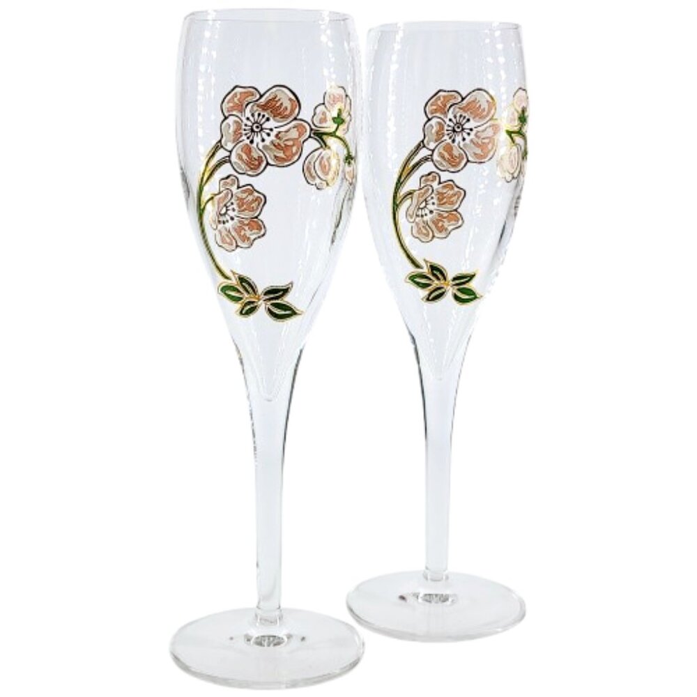 Vtg Perrier Jouet Hand Painted 7.5" Floral Champagne Flutes/Glasses, Pair of 2